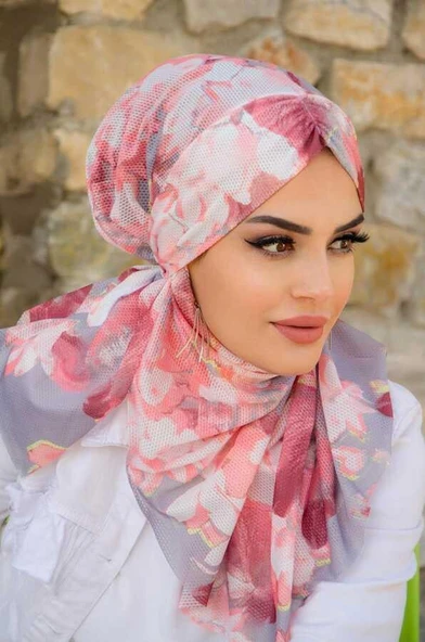 Pudra Gri Desenli Hazır Şal Eşarp - Resim 2