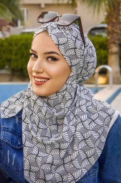 Beyaz Siyah Desenli Hazır Şal Eşarp - Resim 2
