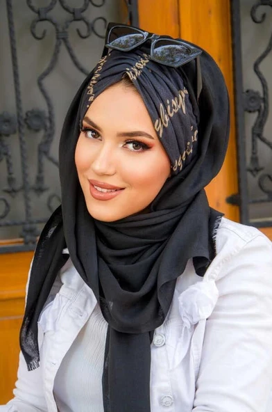 Siyah Gold Yazı Desen Hazır Şal - Resim 3