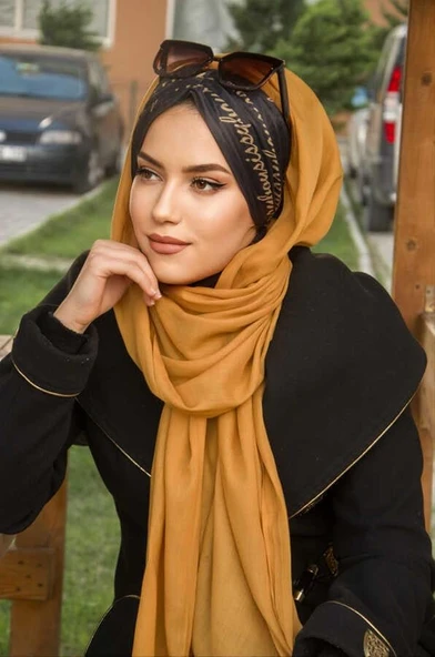 Hardal Siyah Yazı Desen Hazır Şal - Resim 2