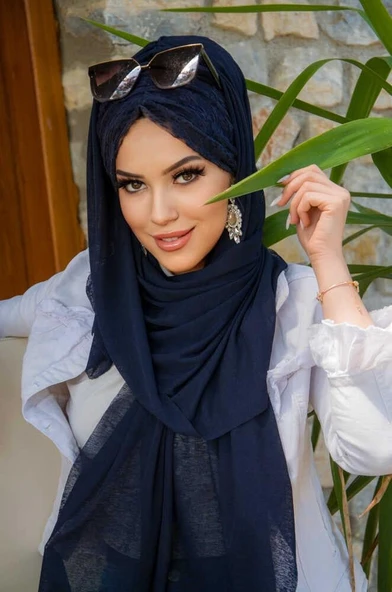 Lacivert Dantelli Büzgülü Hazır Şal - Resim 3