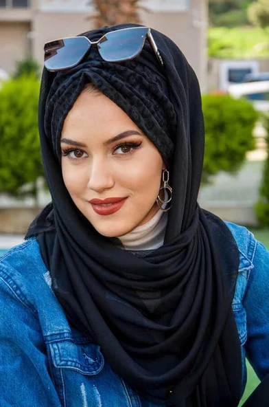 Siyah Kabartma Büzgülü Hazır Şal ürün görseli