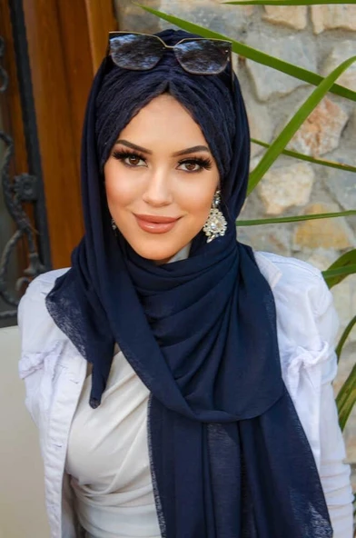 Lacivert Dantelli Büzgülü Hazır Şal - Resim 2