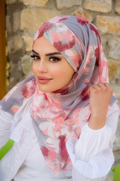 Pudra Gri Desenli Hazır Şal Eşarp - Resim 3