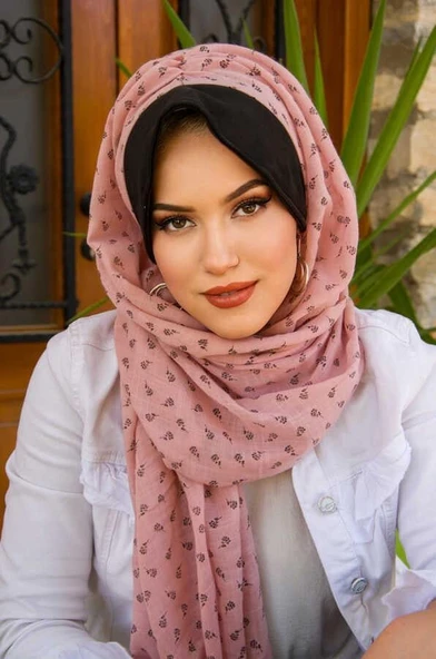 Pudra Siyah Baskılı Şapka Şal - Resim 2