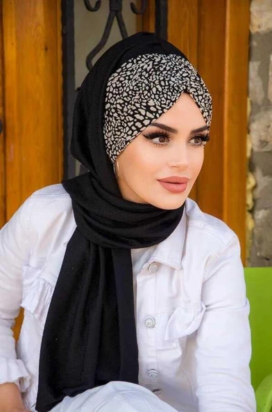 Siyah Kemik Feminen Desenli Hazır Şal - Resim 3