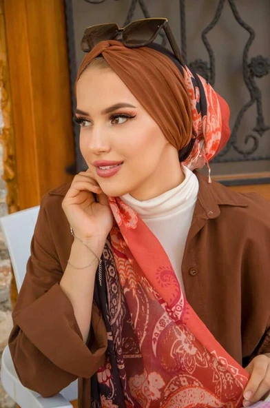 Kahve Desenli Dijital Baskı Hazır Şal - Resim 3