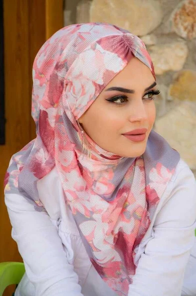 Pudra Gri Desenli Hazır Şal Eşarp ürün görseli