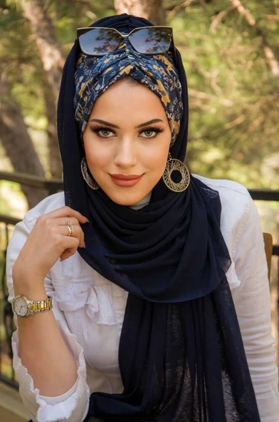 Lacivert Mimoza Çiçek Desen Hazır Şal - 2