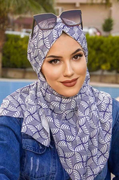 Beyaz Lacivert Desenli Hazır Şal Eşarp - 2