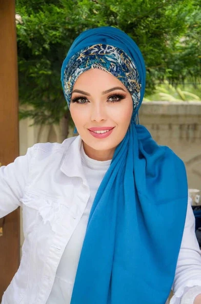 Petrol  Çiçek Desen Hazır Şal - Resim 2