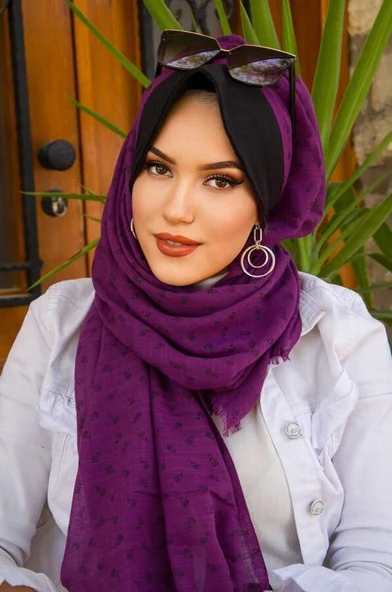 Mürdüm Çiçek Baskılı Şapkalı Şal - Resim 3