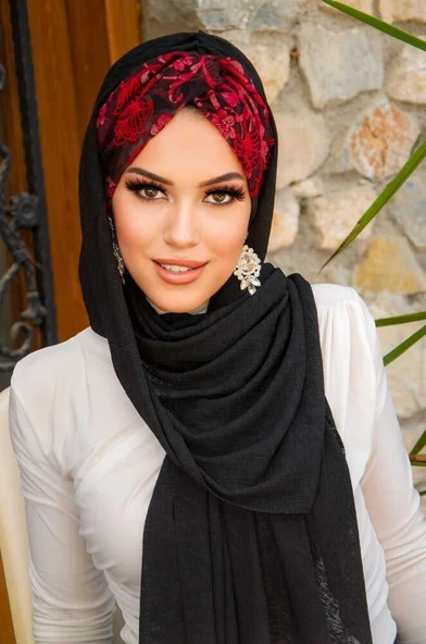Siyah Kırmızı  Burgu Hazır Şal - Resim 2