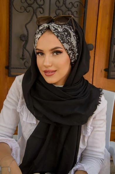 Siyah Beyaz Etnik Desen Büzgülü Hazır Şal - Resim 4