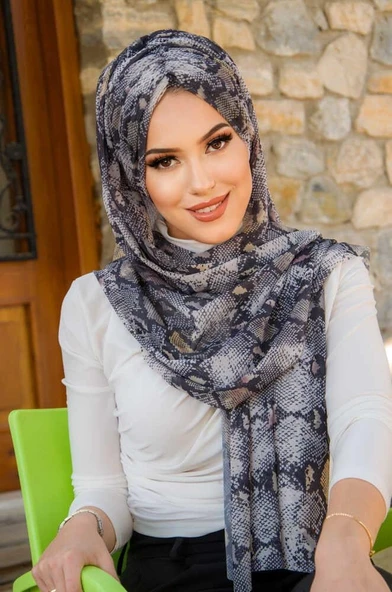 Siyah Bej Yılan Derisi Desen Hazır Şal - Resim 3