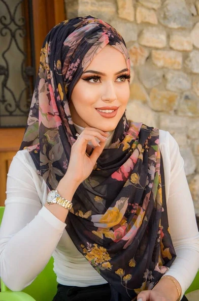 Siyah Çiçek Desen Hazır Şal - Resim 2