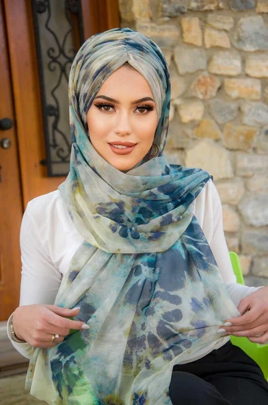 Lacivert Turkuaz Tonlamalı Hazır Şal - Resim 2