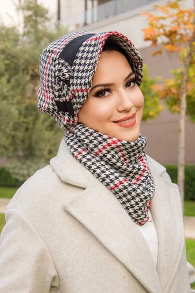 Kırmızı Siyah Kazayağı FiyonkluTesettür Şapka Ve Etol Takım - 1