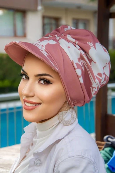 Koyu Pudra Beyaz Desen Bantlı Şapka Bone - Resim 3