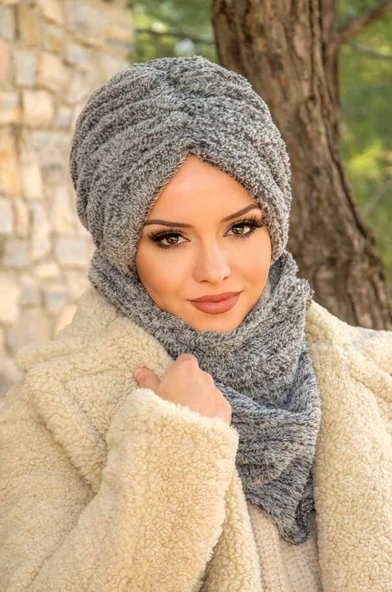 Gri Kürk Büzgülü Bone Ve Etol Takım ürün görseli