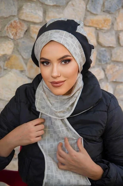 Ekru Ekose Garnili Tesettür Bere ürün görseli