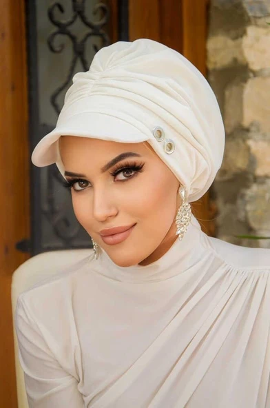 Beyaz Metal Detaylı Tesettür Şapka Bone - Resim 5