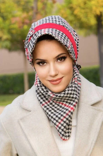 Kırmızı Kazayağı FiyonkluTesettür Şapka Ve Etol Takım - Resim 3