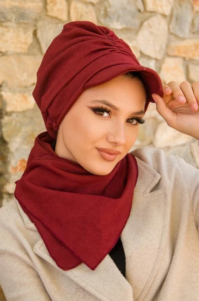 Bordo Büzgülü Tesettür Şapka Ve Etol Takım ürün görseli