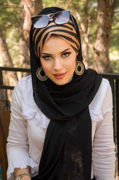 Siyah Gold Zebra Desen Bone Hazır Şal - Resim 3