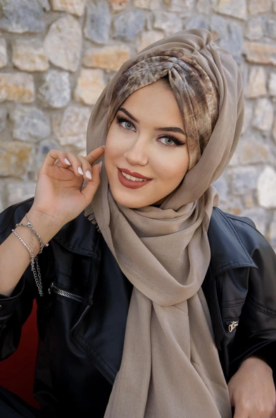 Kahverengi Bej Batik Desenli Hazır Şal - Resim 2