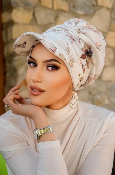 Beyaz Çiçek Desen Tesettür Şapka Bone - Resim 3