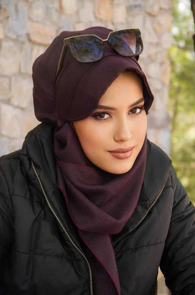 Bordo Melanj Desen Tesettür Şapka - Resim 2