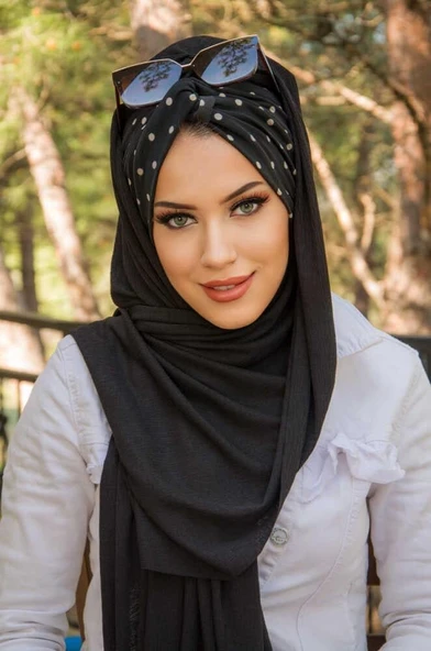 Siyah Beyaz Puan Desen Burgu Hazır  Şal ürün görseli