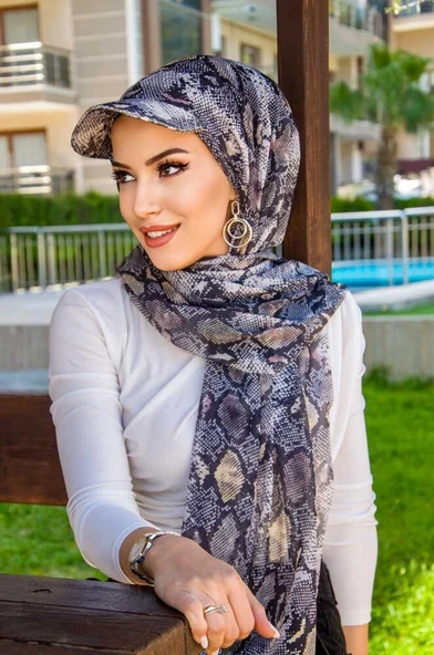 Siyah Yılan Derisi Desen Kepli Bandana Şapka Şal - 3