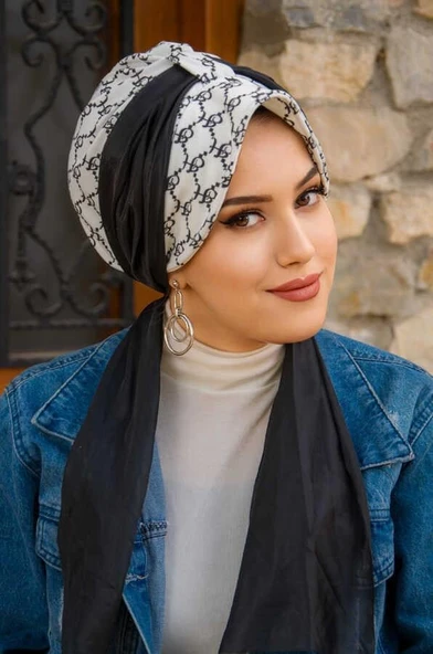 Siyah Beyaz Hat Desen Fularlı Şapka ürün görseli