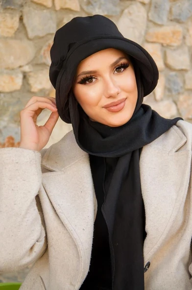 Siyah  Aksesuar Detay Atkılı Vintage Şapka - Resim 5