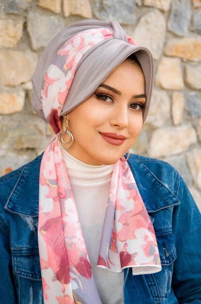 Gri Pudra Çiçekli Şapka Bone - Resim 2