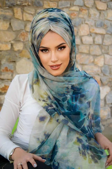 Lacivert Turkuaz Tonlamalı Hazır Şal ürün görseli