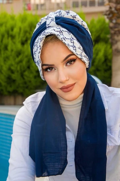 Lacivert Beyaz Hat Desen Fularlı Şapka - Resim 2