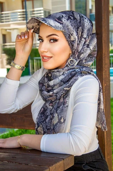 Siyah Yılan Derisi Desen Kepli Bandana Şapka Şal - 2