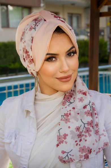 Pudra Çiçek Desen Fularlı Şapka Bone - Resim 3