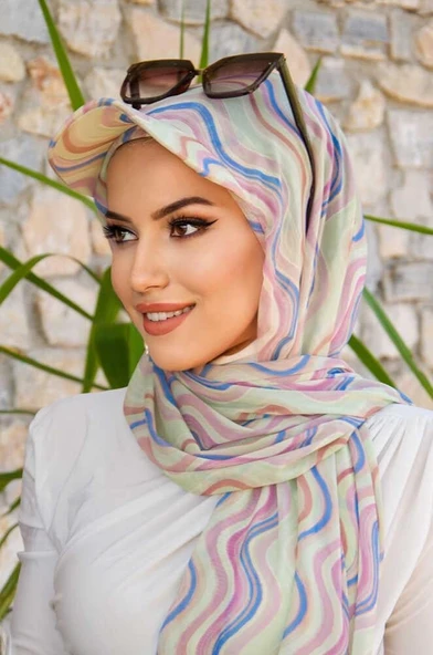 Soft Renkler Geometrik Desen Kepli Bandana Şapka Şal - Resim 3