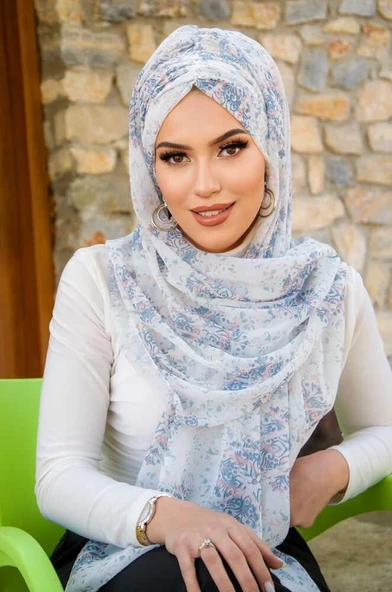 Beyaz Mavi Bahar Desen Hazır Şal - Resim 2