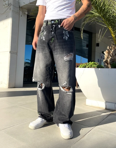 Premium Distressed Splash Baggy Kot Pantolon