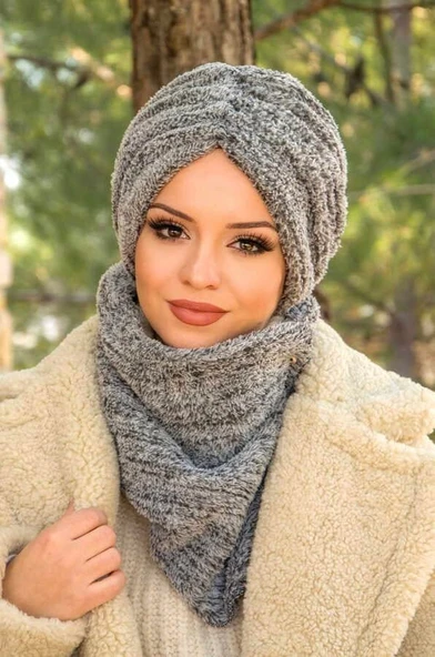 Gri Kürk Büzgülü Bone Ve Etol Takım - Resim 2