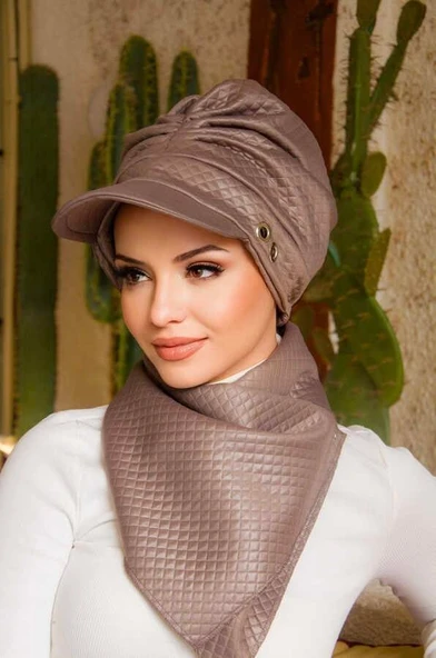 Vizon Metal Detaylı Büzgülü Tesettür Şapka Ve Etol Takım - Resim 3