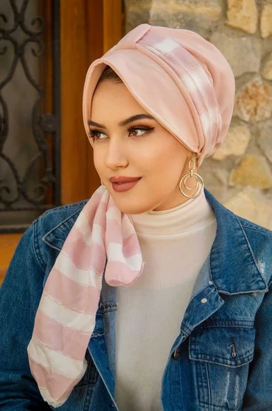 Pudra Beyaz Çizgili Şapka Bone - Resim 3