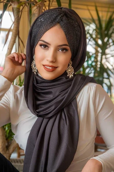 Füme Işıltılı Desen Burgu Hazır Şal - 4