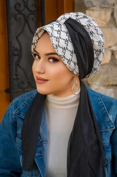 Siyah Beyaz Hat Desen Fularlı Şapka - Resim 4