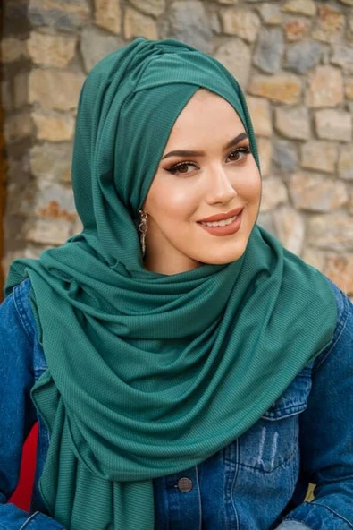 Petrol Yeşil Çapraz Bantlı Hazır Şal - 3